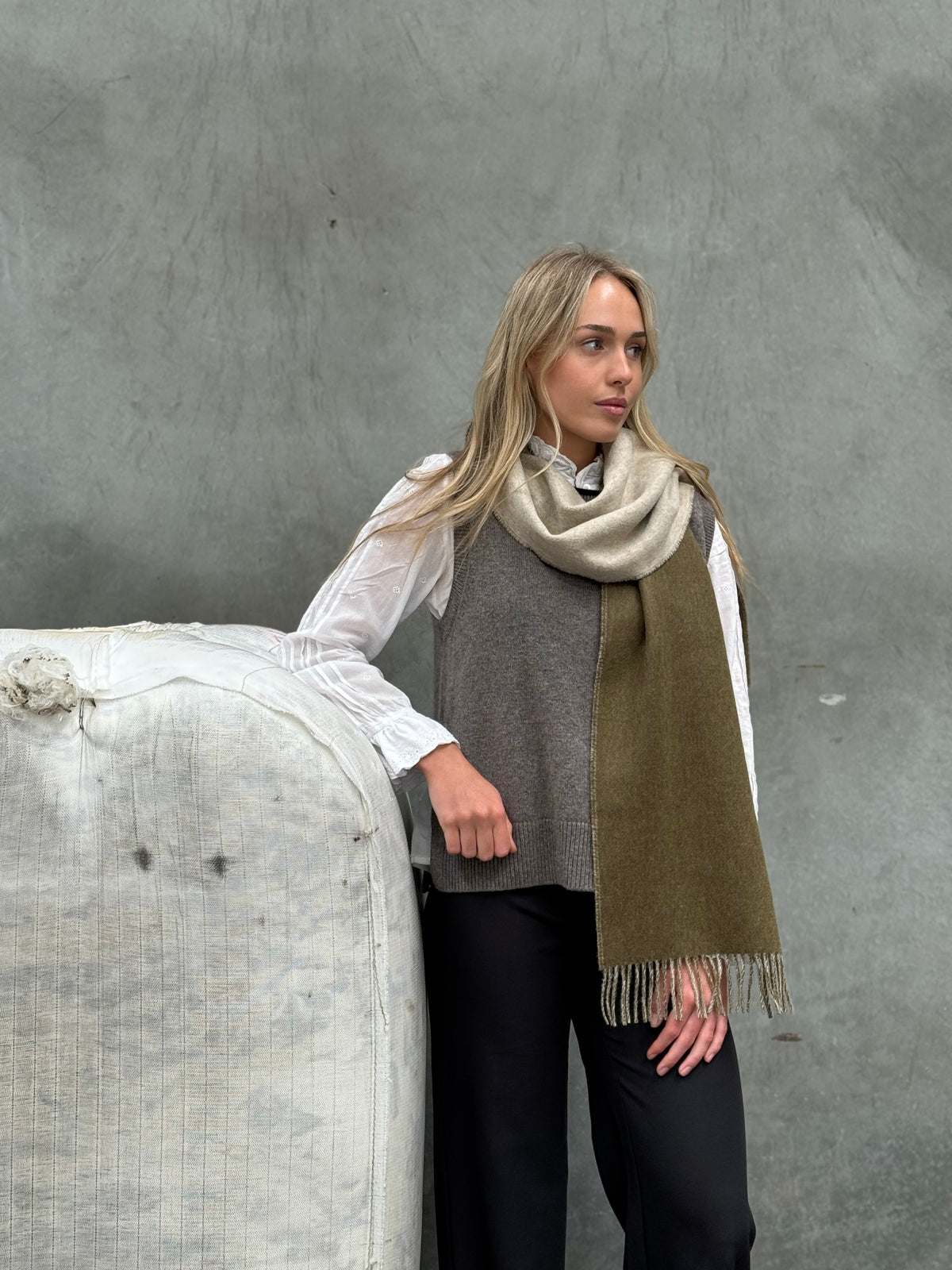 Double Face Army Green & Natural 100% Merino Scarf