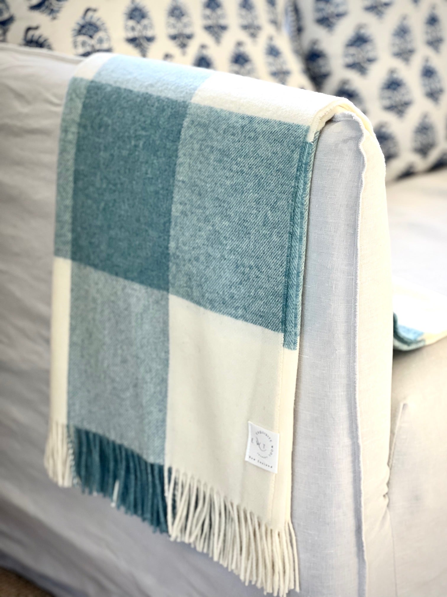 Checkboard Aqua Merino 100% Merino Throw - Exquisite Wool Traders