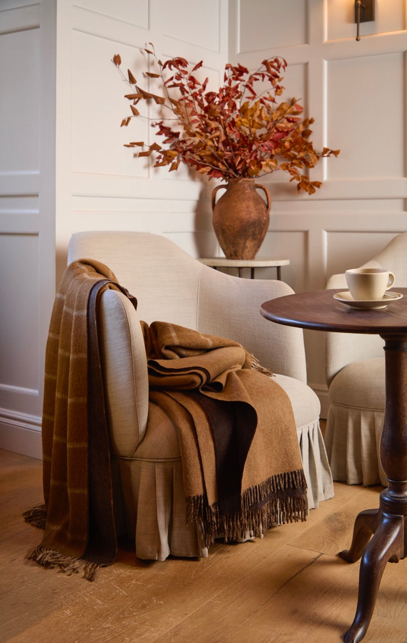 Herringbone Check Camel & Chocolate 100% Merino Throw