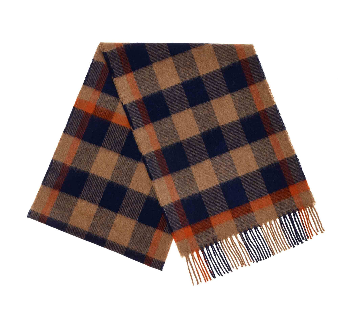 Block Check Navy &amp; Orange 100% Merino Scarf