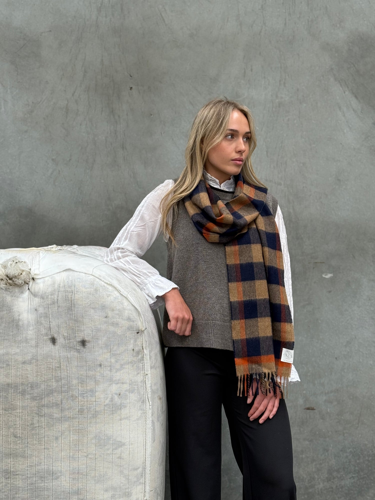 Block Check Navy &amp; Orange 100% Merino Scarf