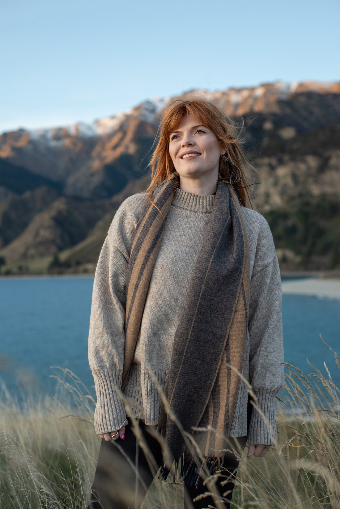 Clarendon Navy &amp; Camel 100% Merino Oversized Scarf