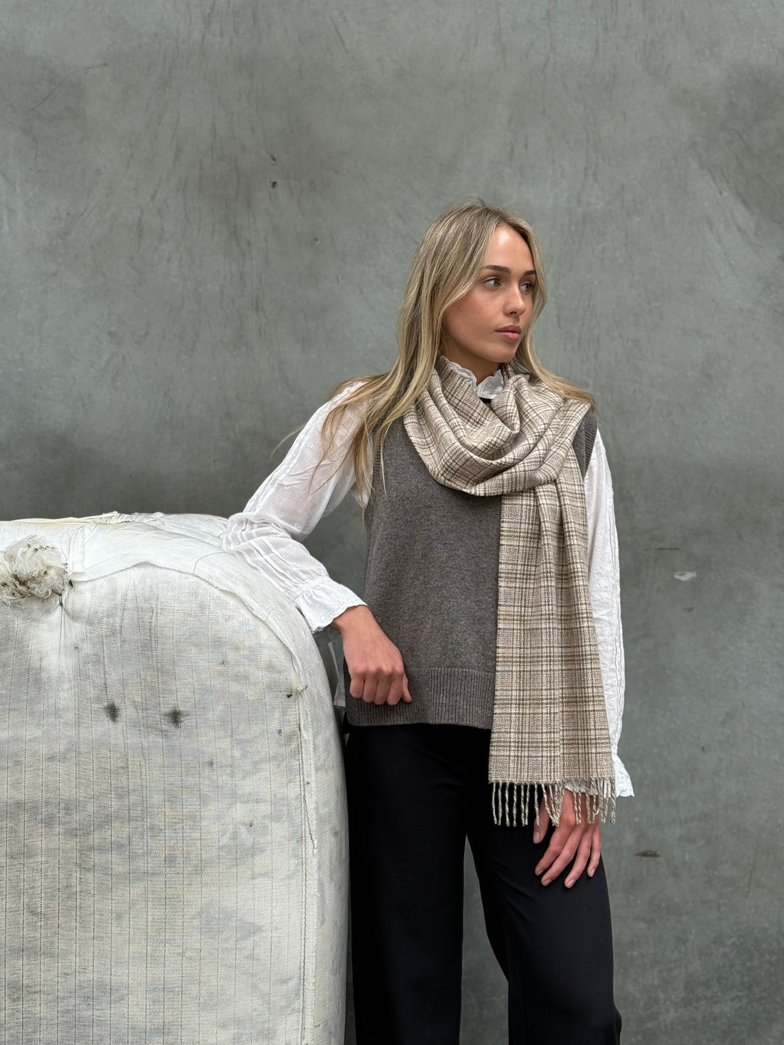 Grid Natural 100% Merino Scarf