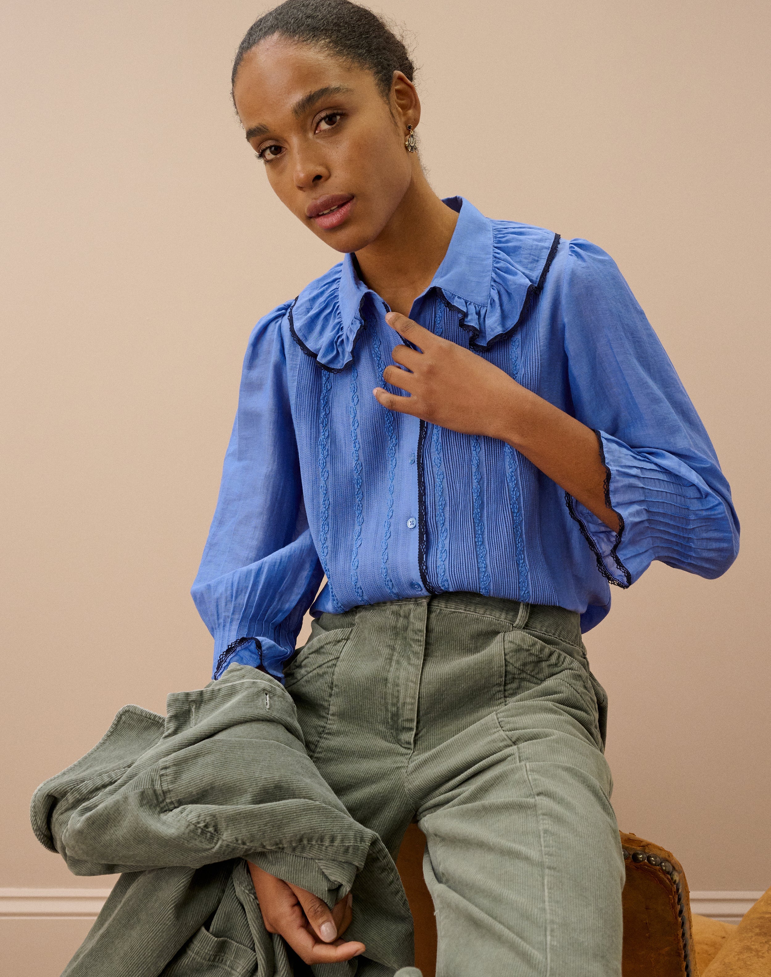 Brora Silk Cotton Frill Collar Shirt - China Blue