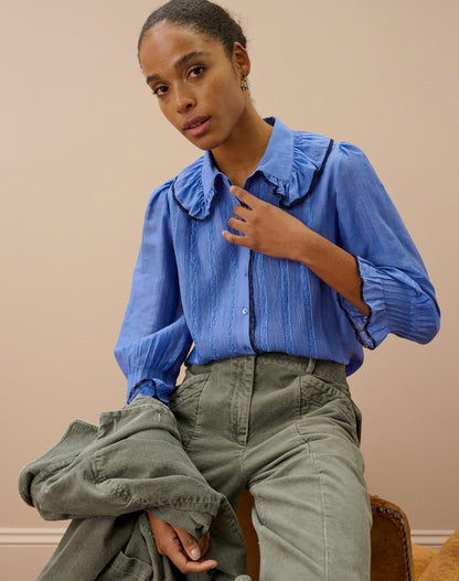 Brora Silk Cotton Frill Collar Shirt - China Blue