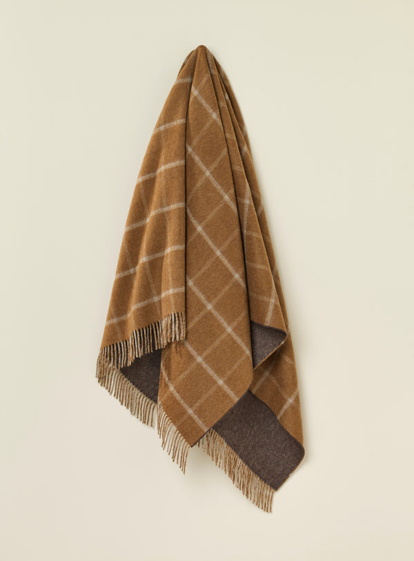Double-Faced Herringbone Check Camel & Chocolate 100% Merino Throw