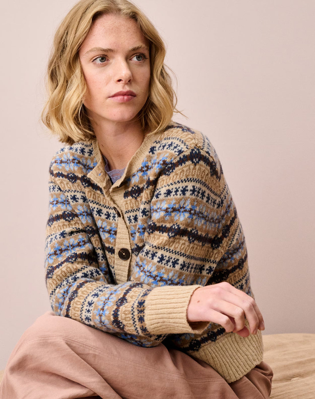 Brora Merino Lambswool Fair Isle Oatmeal Cardigan