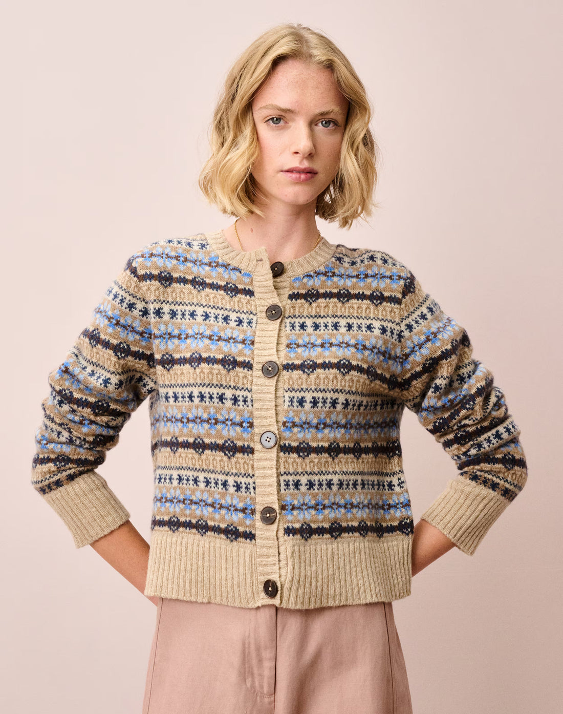 Brora Merino Lambswool Fair Isle Oatmeal Cardigan